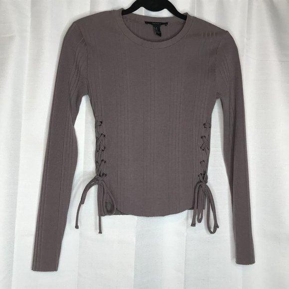 Forever 21 Side Ties Blouse Sweater Top Long Sleeve Taupe Medium - Picture 1 of 11
